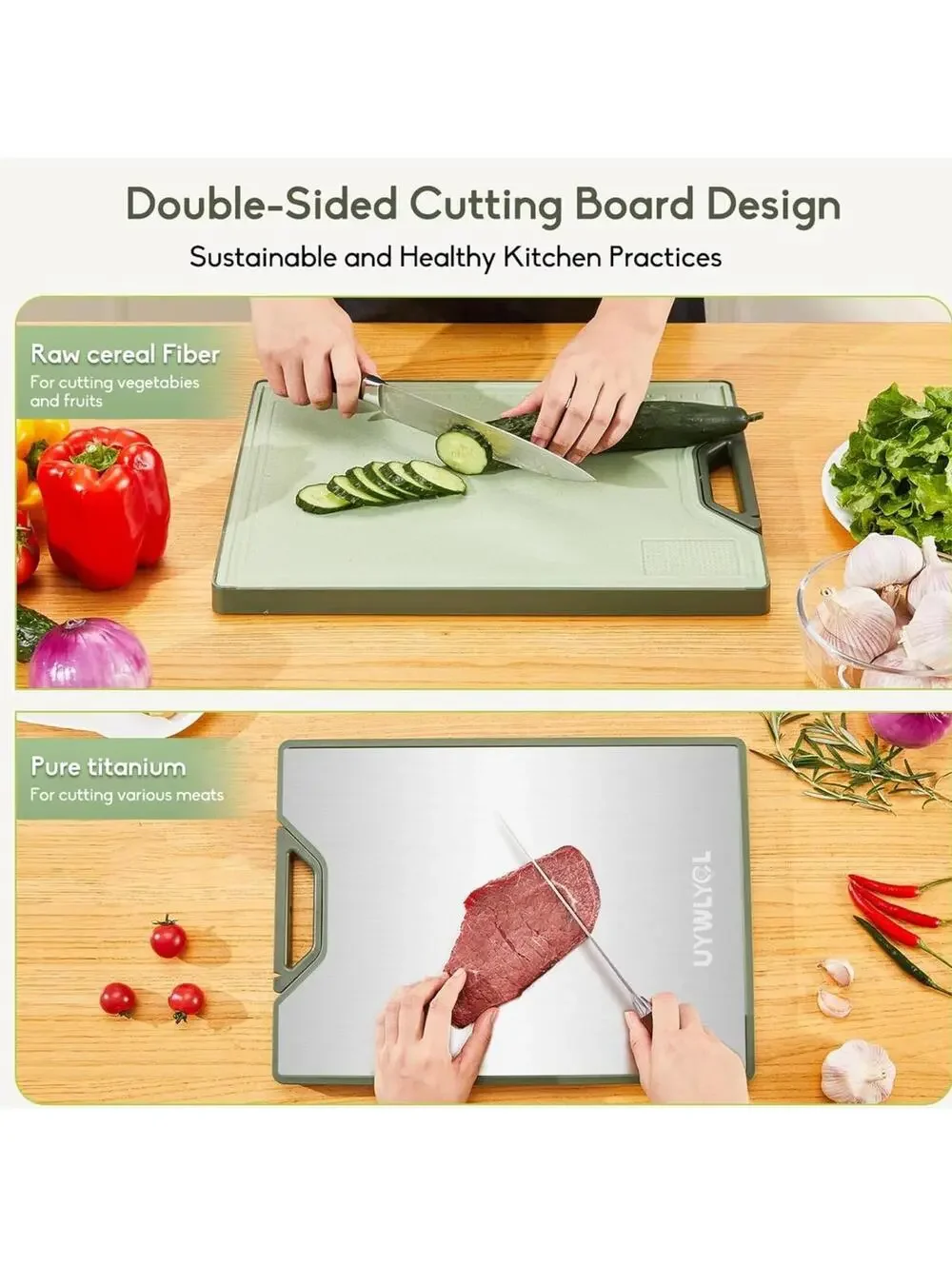 Titanium Cutting Board – Double Sided for Kitchen, Pure Titaniums/Wheat Straw